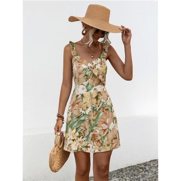Printed Ruffled Surplice Wide Strap Mini Dress - Picture 4 of 12